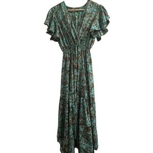 S.M. Moda Silk Blend Paisley High-Low Maxi Dress Teal Green New One Size